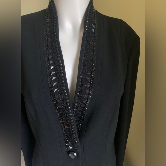 Jones New York long black tuxedo style blazer jacket shiny beaded V neck collar - Picture 5 of 15